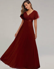 Solid-color V Neck Chiffon Flared Sleeve Bridesmaid Plus Size Evening Dresses