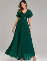 Solid-color V Neck Chiffon Flared Sleeve Bridesmaid Plus Size Evening Dresses