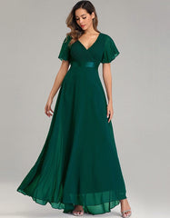 Solid-color V Neck Chiffon Flared Sleeve Bridesmaid Plus Size Evening Dresses
