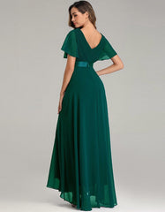Solid-color V Neck Chiffon Flared Sleeve Bridesmaid Plus Size Evening Dresses