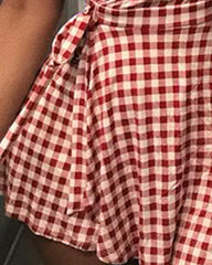 Gingham Print Belted Ruffle Hem Surplice Dress