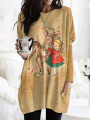 Retro Merry Christmas Elk With Pockets Print Dress