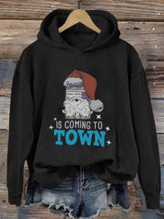 Santa's Coming to Town Print Casual Long Sleeve Hoodie