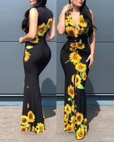 Plunge Sunflower Print Slit Maxi Dress
