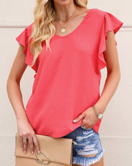 Fluttery Sleeve Textured V-Neck Top