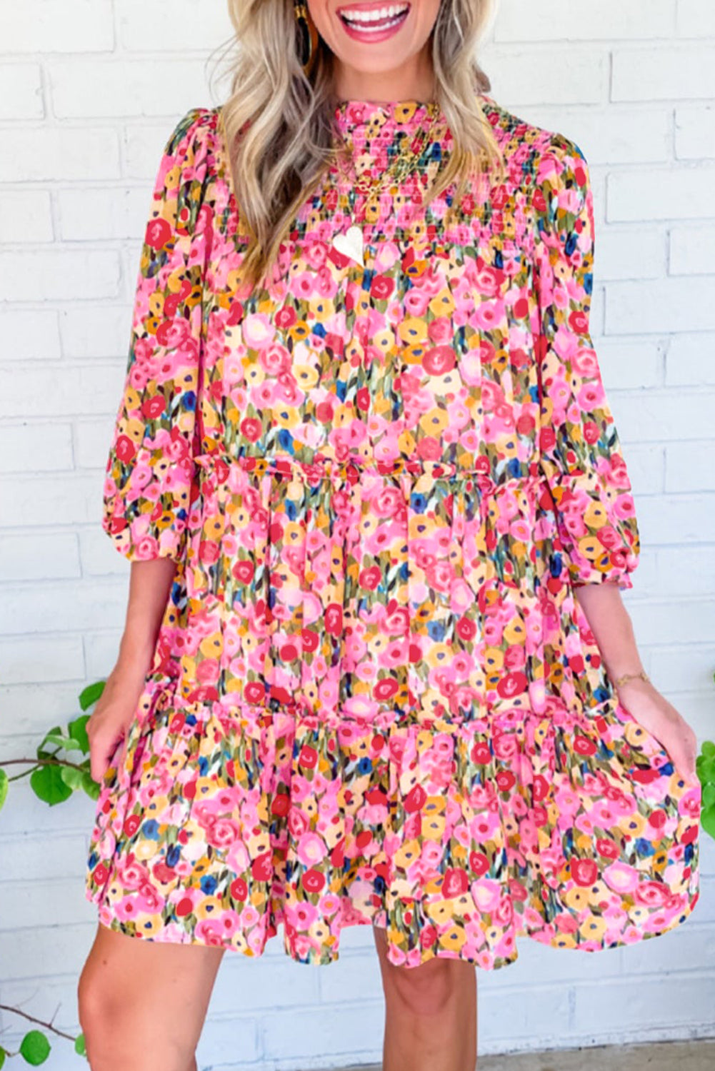 Floral Smocked 3/4 Sleeve Tiered Dress