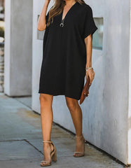 V-Neck Short Sleeve Solid Color Loose Short A-Line Dresses