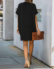 V-Neck Short Sleeve Solid Color Loose Short A-Line Dresses