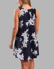 Floral Print Sleeveless Round Neck Loose Midi A-Line Dresses
