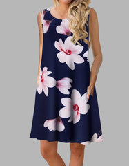 Floral Print Sleeveless Round Neck Loose Midi A-Line Dresses