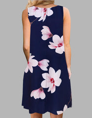 Floral Print Sleeveless Round Neck Loose Midi A-Line Dresses