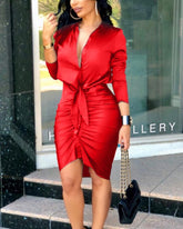 Lace-up Solid Color Long Sleeve Midi Dress