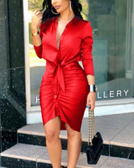 Lace-up Solid Color Long Sleeve Midi Dress