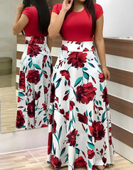 Floral Print Stitching Maxi A Line Swagger Dresses