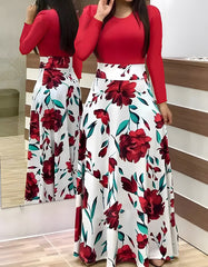 Floral Print Stitching Maxi A Line Swagger Dresses