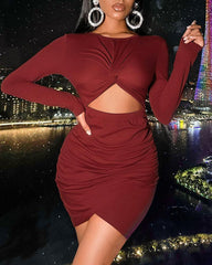 Solid Twist Cut Out Front Ruched Overlap Mini Dress