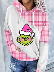 Christmas Casual Pink Plaid Printed Hoodie