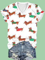 Christmas Dachshund Print V-Neck T-Shirt