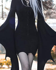 Solid Lace Up Asymmetrical Batwing Sleeve Mini Dress
