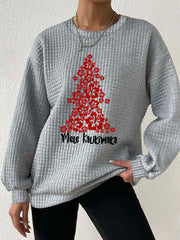 Hawaiian Hibiscus Christmas Tree "Mele Kalikimaka" Print Waffle Sweatshirt