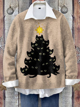 Christmas Black Cat Tree Art Print Knit Pullover Sweater