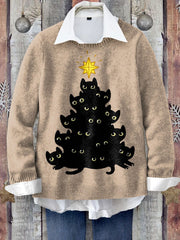 Christmas Black Cat Tree Art Print Knit Pullover Sweater