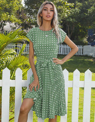 Polka Dot Print Round Neck Short Sleeve Midi A Line Dresses