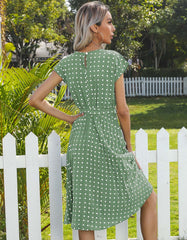 Polka Dot Print Round Neck Short Sleeve Midi A Line Dresses