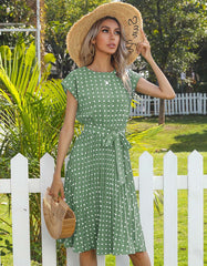 Polka Dot Print Round Neck Short Sleeve Midi A Line Dresses