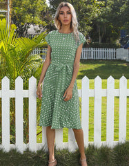 Polka Dot Print Round Neck Short Sleeve Midi A Line Dresses