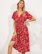 V Neck Disty Floral Printed Short Sleeve Midi A-Line Dresses