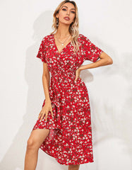 V Neck Disty Floral Printed Short Sleeve Midi A-Line Dresses