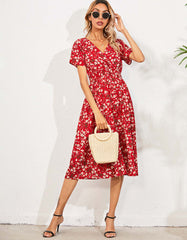 V Neck Disty Floral Printed Short Sleeve Midi A-Line Dresses