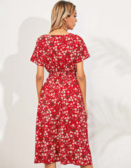 V Neck Disty Floral Printed Short Sleeve Midi A-Line Dresses