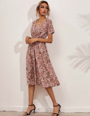 V Neck Disty Floral Printed Short Sleeve Midi A-Line Dresses