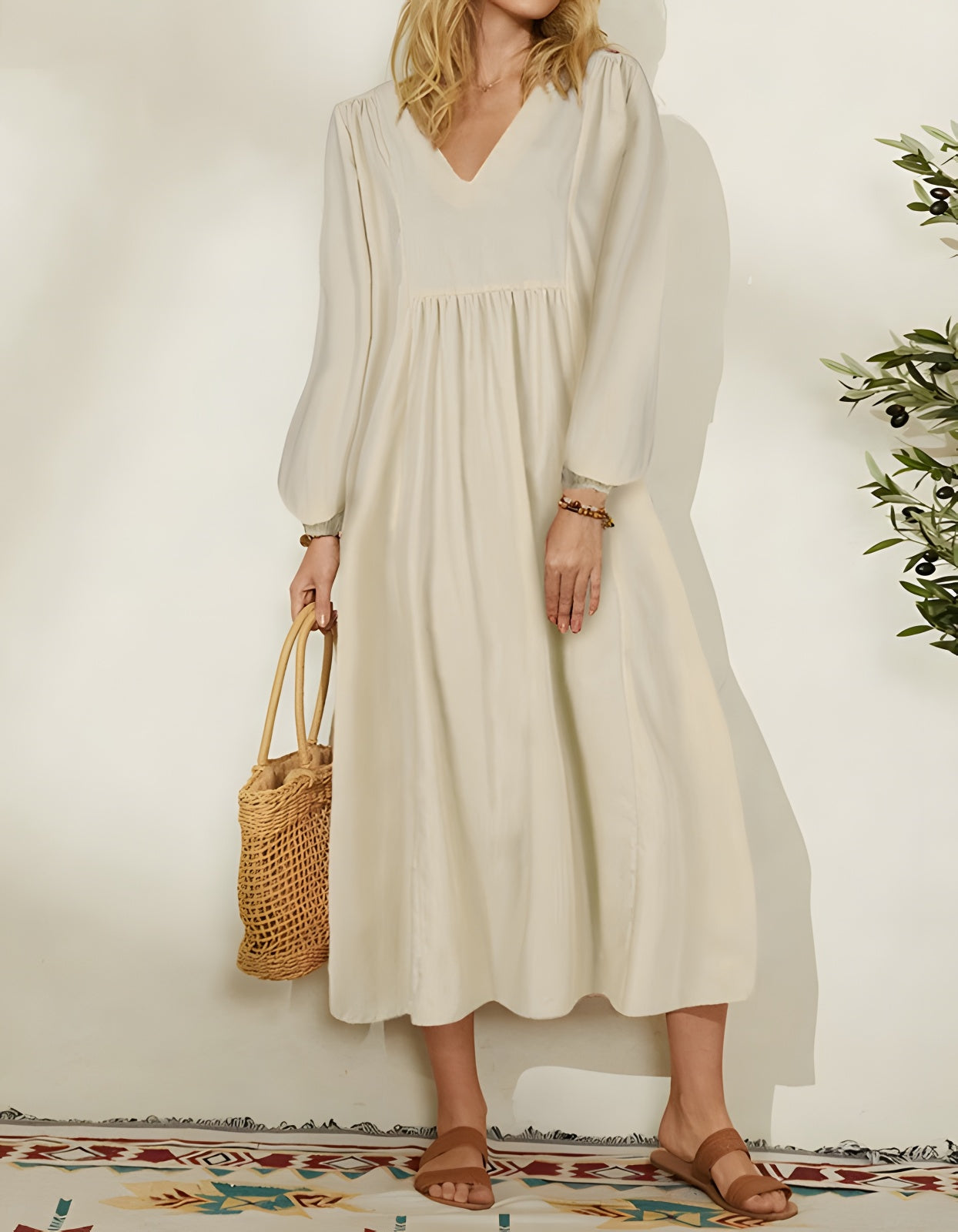 Plain Linen Loose V Neck Puff Sleeve Long A-Line Dresses