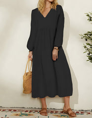 Plain Linen Loose V Neck Puff Sleeve Long A-Line Dresses