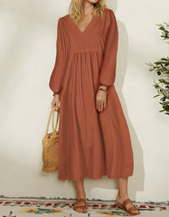 Plain Linen Loose V Neck Puff Sleeve Long A-Line Dresses