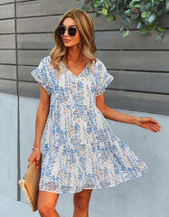 Disty Floral Print V Neck Loose Chiffon Midi A-Line Dresses