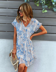 Disty Floral Print V Neck Loose Chiffon Midi A-Line Dresses