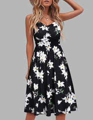 Floral Printed Strap Backless High Waist Midi A-Line Cami Dresses