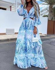 Print V Neck Long Sleeve Cut Out Maxi A-Line Dresses