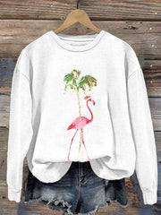 Florida Merry Christmas Flamingo Palm Tree Print Crew Neck Pullover
