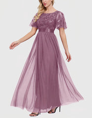 Solid-color High Waist Round Neck Party Mesh Long Evening A-Line Dresses