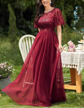 Solid-color High Waist Round Neck Party Mesh Long Evening A-Line Dresses