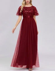 Solid-color High Waist Round Neck Party Mesh Long Evening A-Line Dresses