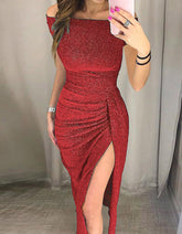 Solid-color Off The Shoulder Slits Asymmetrical Sequin Bodycon Dresses
