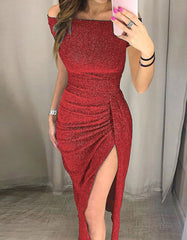 Solid-color Off The Shoulder Slits Asymmetrical Sequin Bodycon Dresses