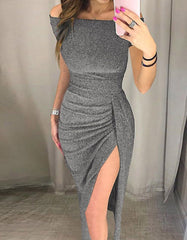 Solid-color Off The Shoulder Slits Asymmetrical Sequin Bodycon Dresses