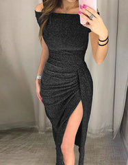 Solid-color Off The Shoulder Slits Asymmetrical Sequin Bodycon Dresses